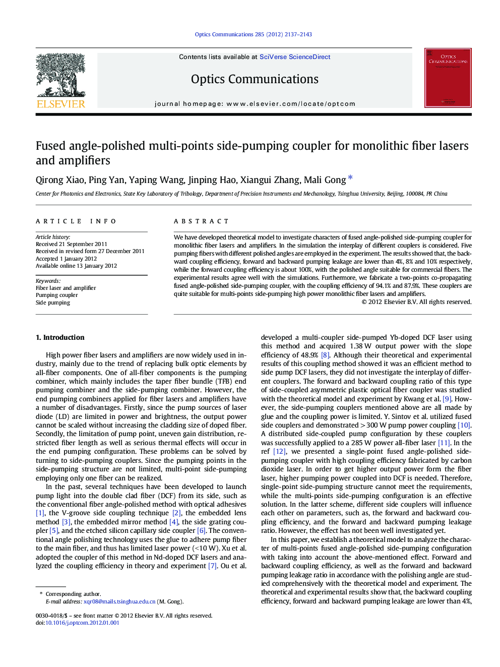 عکس صفحه اول مقاله: Fused angle-polished multi-points side-pumping coupler for monolithic fiber lasers and amplifiers Fused angle-polished multi-points side-pumping coupler for monolithic fiber lasers and amplifiers