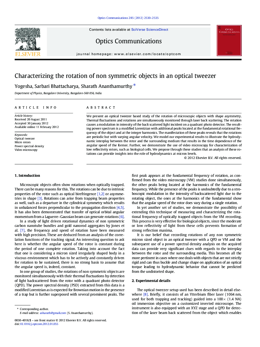 Characterizing the rotation of non symmetric objects in an optical tweezer