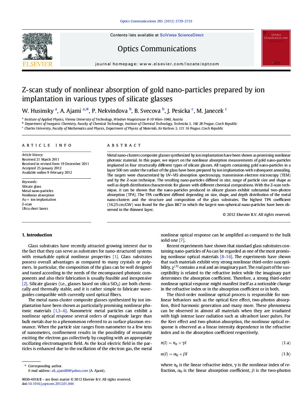 Z-scan study of nonlinear absorption of gold nano-particles prepared by ion implantation in various types of silicate glasses