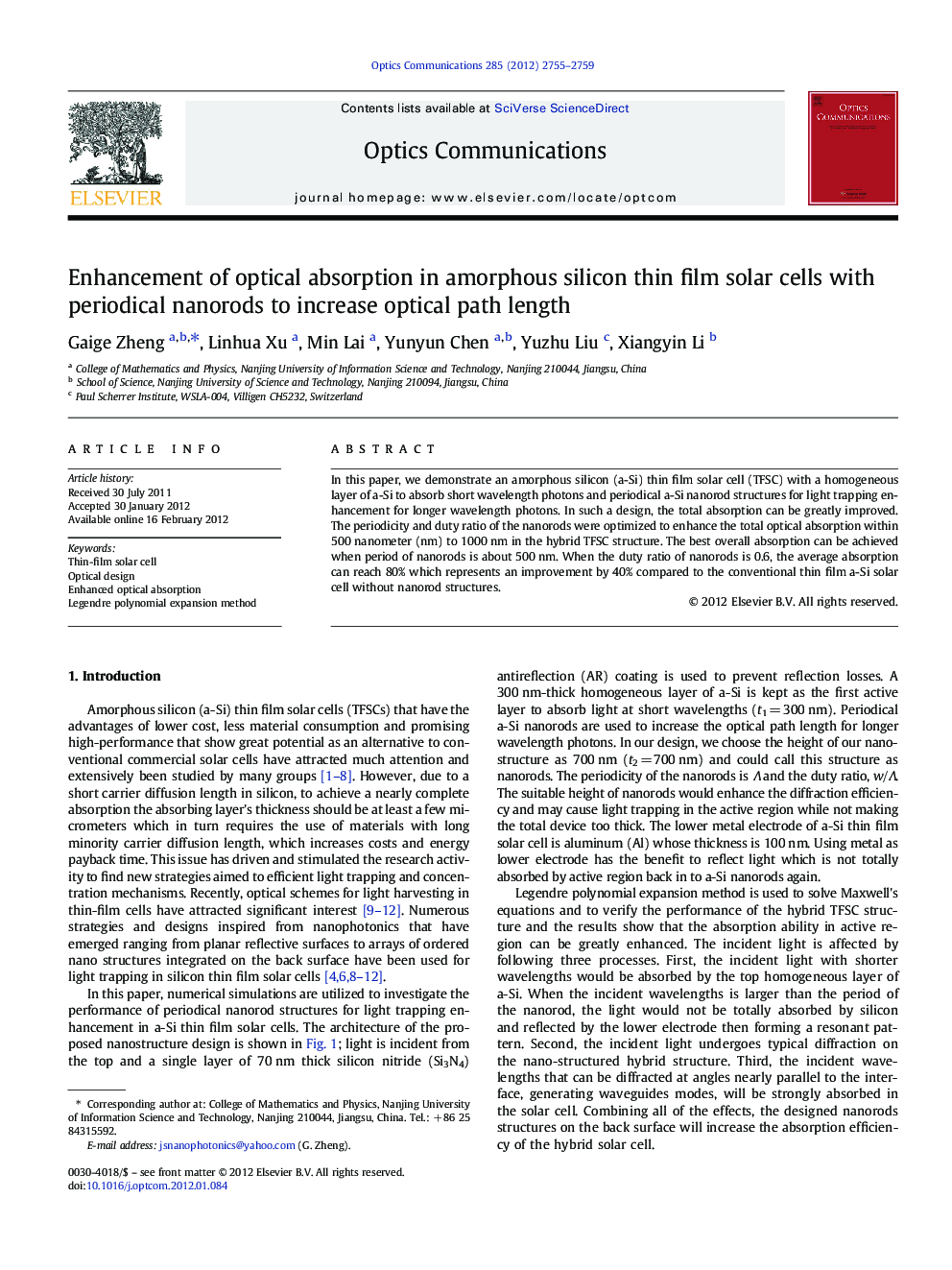 Enhancement of optical absorption in amorphous silicon thin film solar cells with periodical nanorods to increase optical path length