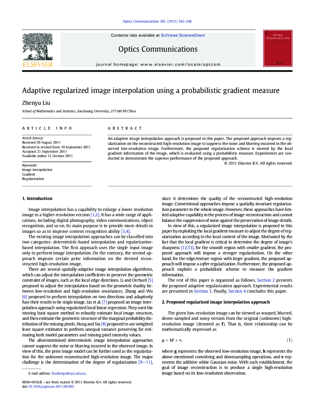 Adaptive regularized image interpolation using a probabilistic gradient measure