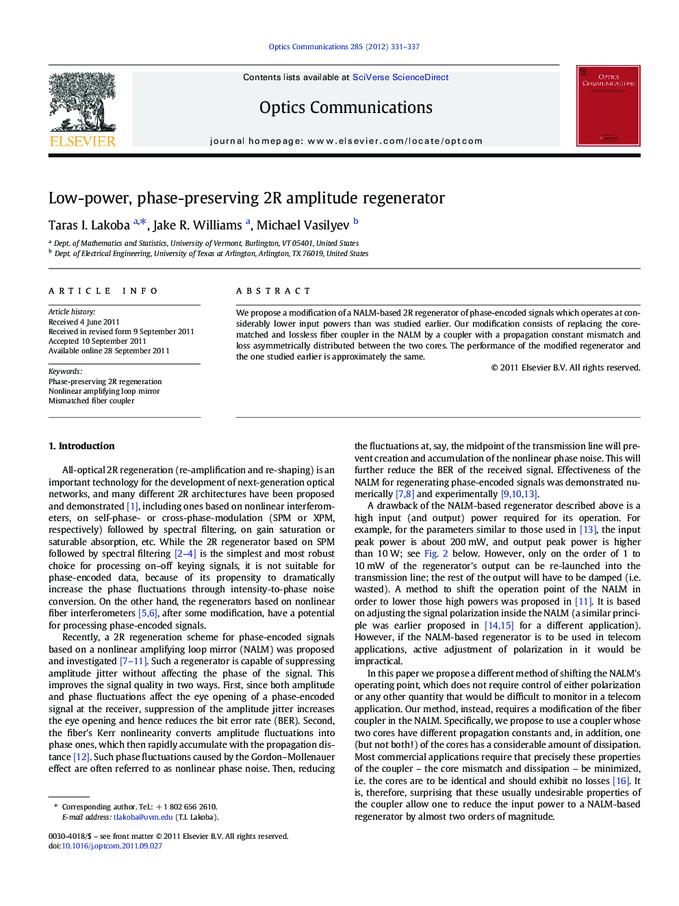 Low-power, phase-preserving 2R amplitude regenerator