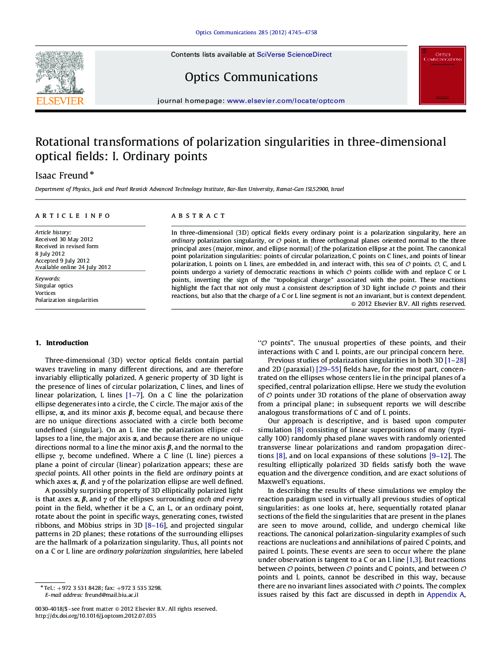 Rotational transformations of polarization singularities in three-dimensional optical fields: I. Ordinary points