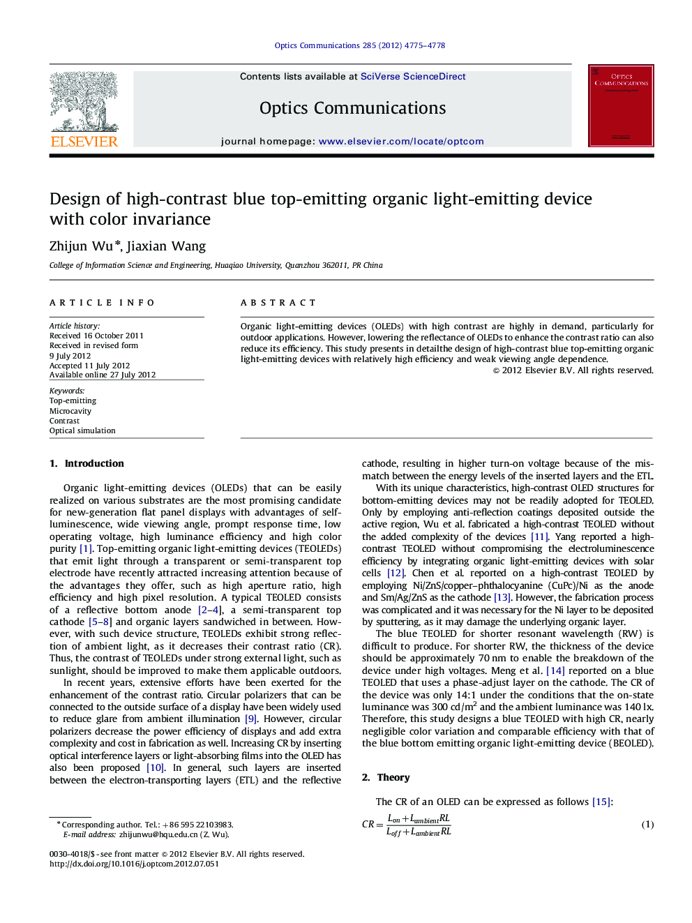 Design of high-contrast blue top-emitting organic light-emitting device with color invariance