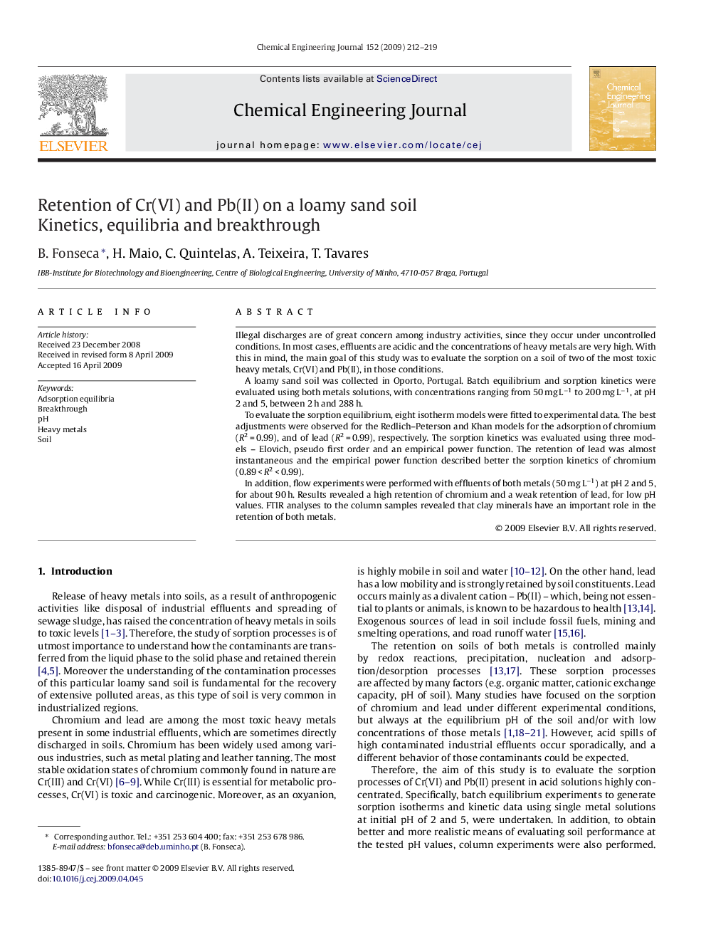 Retention of Cr(VI) and Pb(II) on a loamy sand soil: Kinetics, equilibria and breakthrough