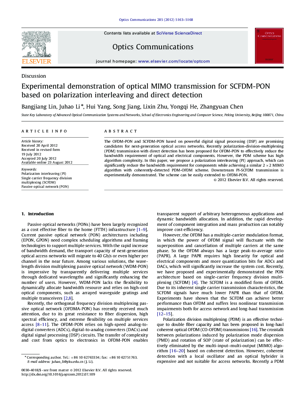 Experimental demonstration of optical MIMO transmission for SCFDM-PON based on polarization interleaving and direct detection