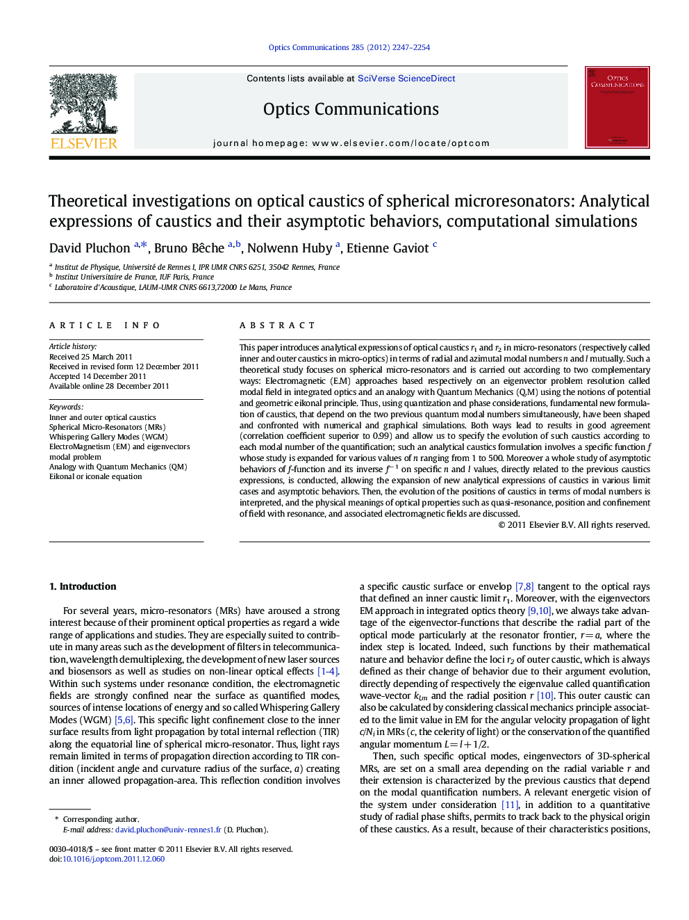 عکس صفحه اول مقاله: Theoretical investigations on optical caustics of spherical microresonators: Analytical expressions of caustics and their asymptotic behaviors, computational simulations Theoretical investigations on optical caustics of spherical microresonators: Analytical expressions of caustics and their asymptotic behaviors, computational simulations