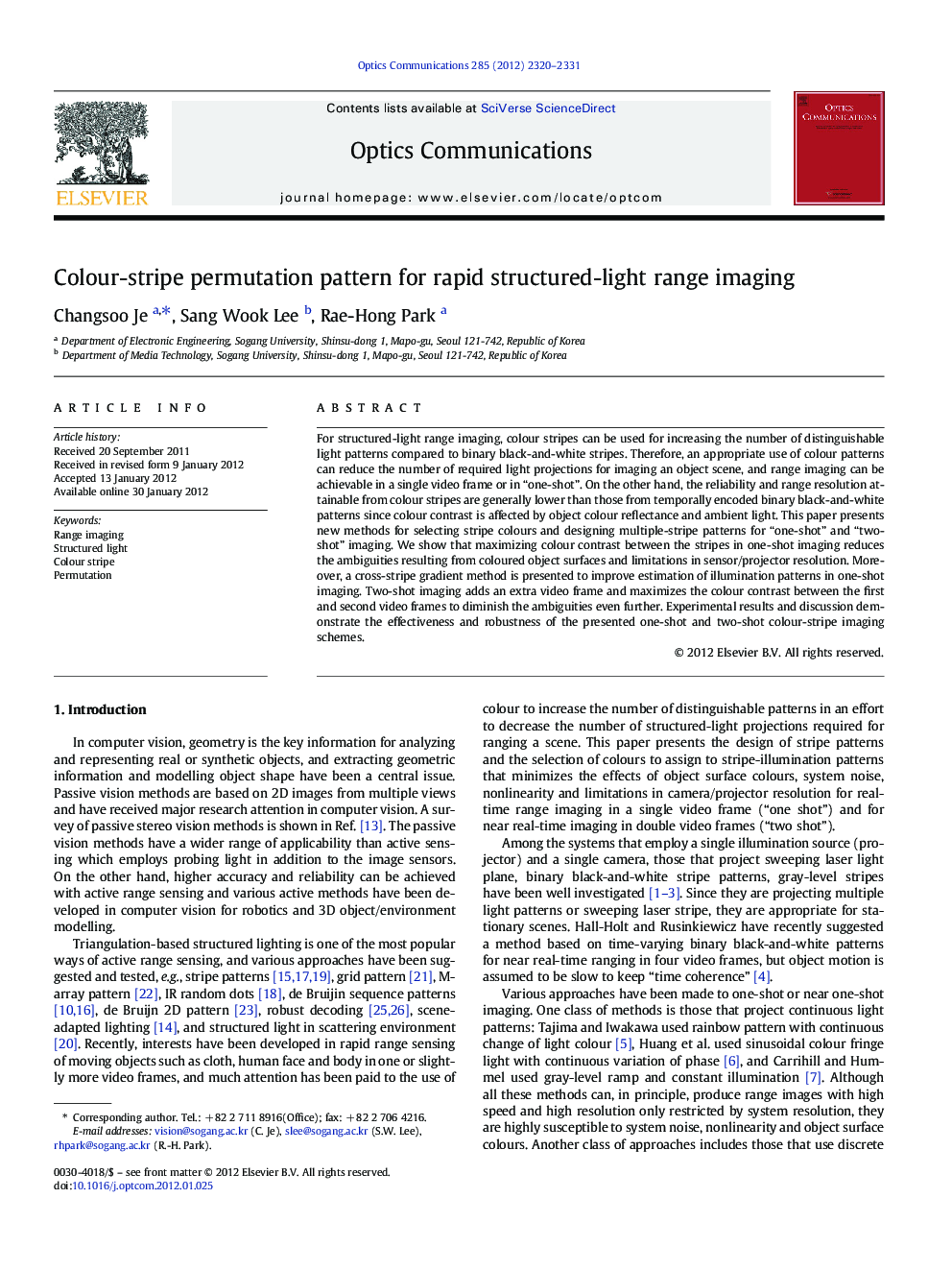 Colour-stripe permutation pattern for rapid structured-light range imaging