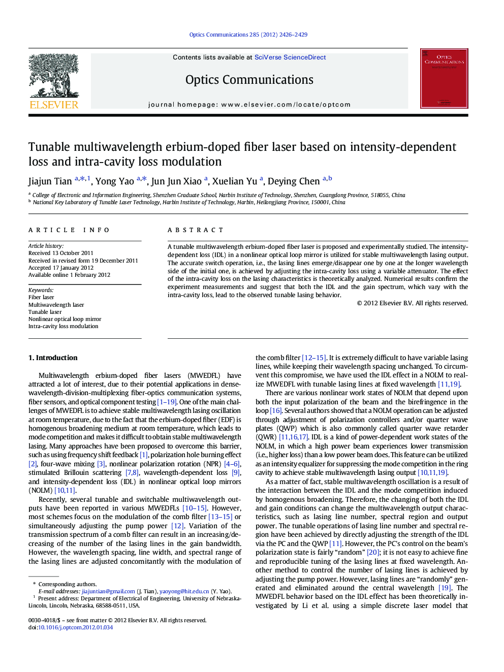 Tunable multiwavelength erbium-doped fiber laser based on intensity-dependent loss and intra-cavity loss modulation