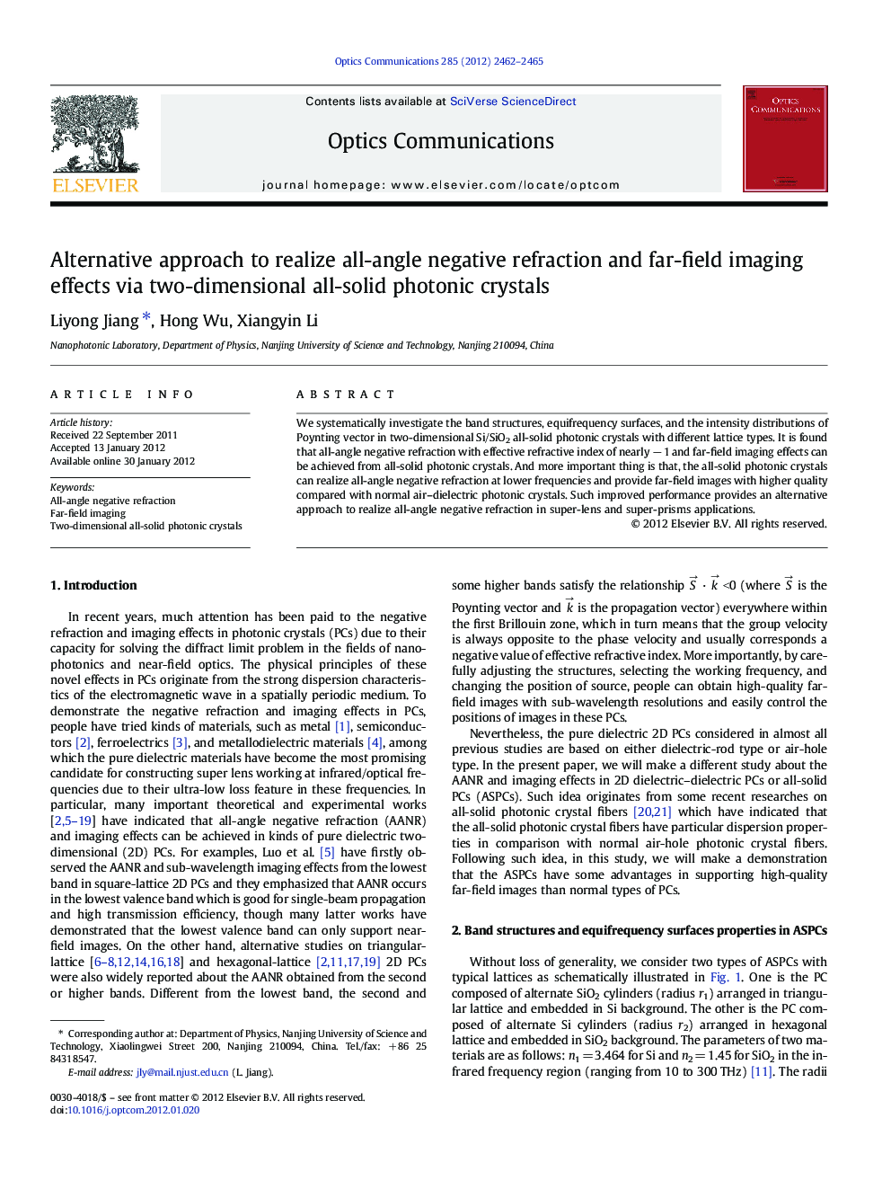 عکس صفحه اول مقاله: Alternative approach to realize all-angle negative refraction and far-field imaging effects via two-dimensional all-solid photonic crystals Alternative approach to realize all-angle negative refraction and far-field imaging effects via two-dimensional all-solid photonic crystals
