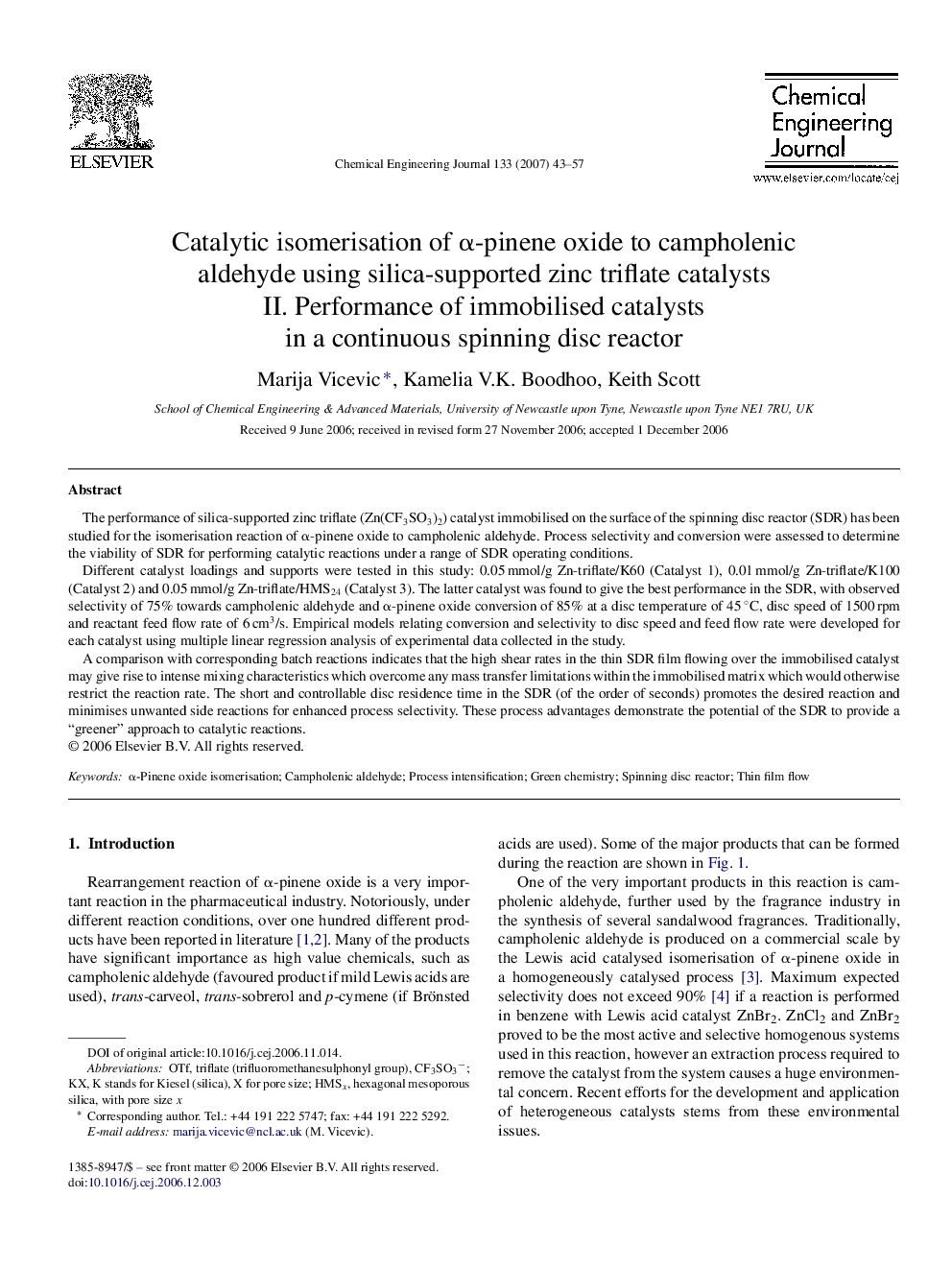 Catalytic isomerisation of α-pinene oxide to campholenic aldehyde using silica-supported zinc triflate catalysts: II. Performance of immobilised catalysts in a continuous spinning disc reactor