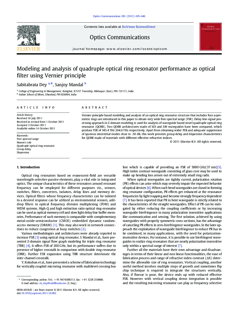 Modeling and analysis of quadruple optical ring resonator performance as optical filter using Vernier principle