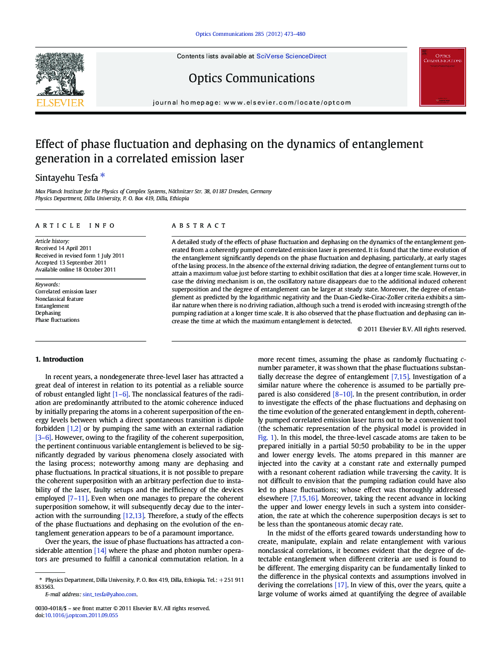 Effect of phase fluctuation and dephasing on the dynamics of entanglement generation in a correlated emission laser