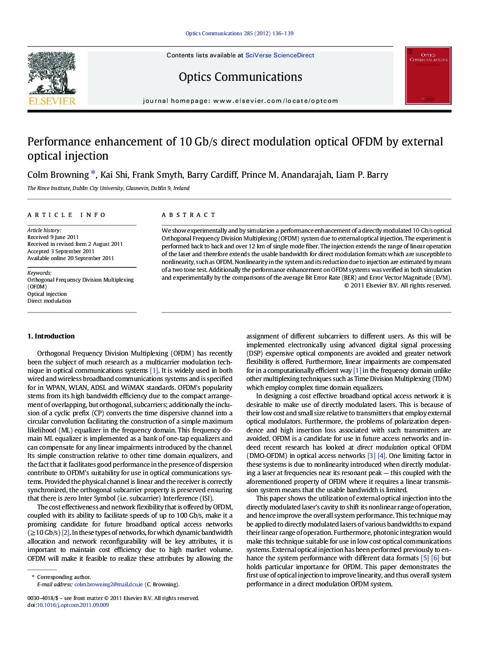 Performance enhancement of 10Â Gb/s direct modulation optical OFDM by external optical injection