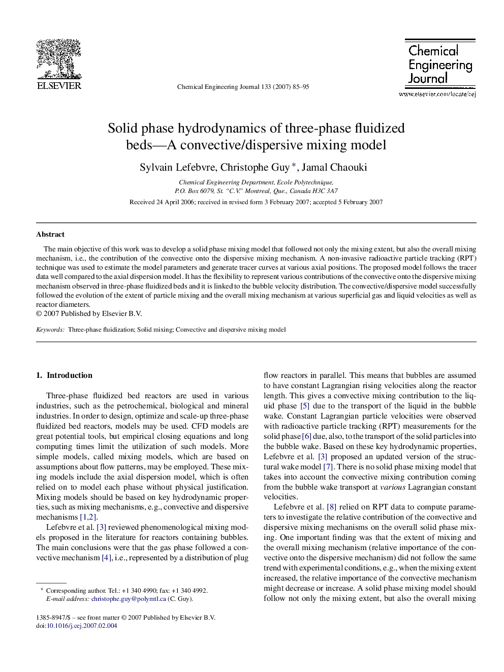 Solid phase hydrodynamics of three-phase fluidized beds—A convective/dispersive mixing model