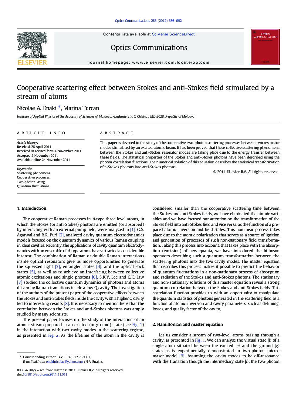 Cooperative scattering effect between Stokes and anti-Stokes field stimulated by a stream of atoms