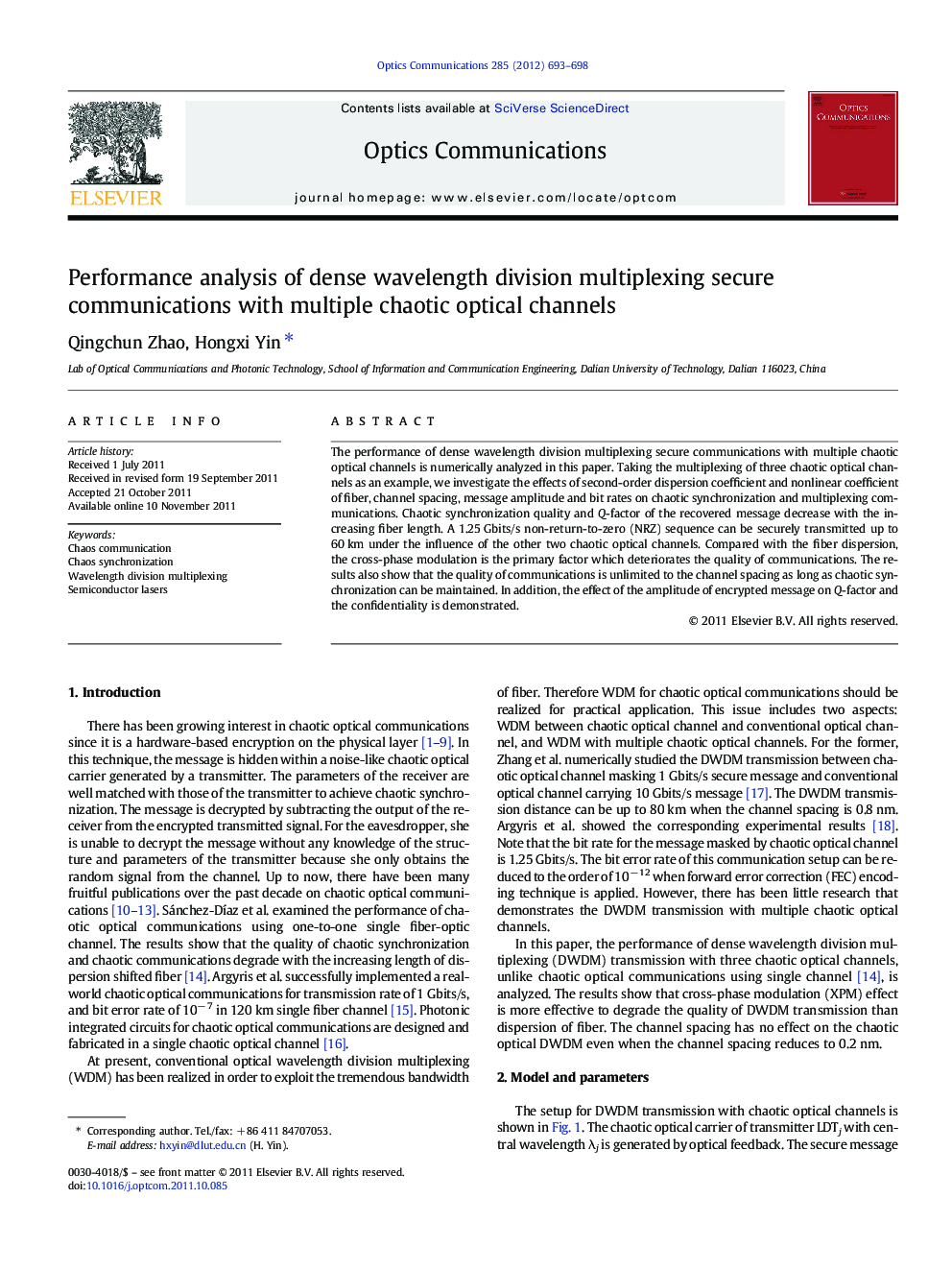 Performance analysis of dense wavelength division multiplexing secure communications with multiple chaotic optical channels