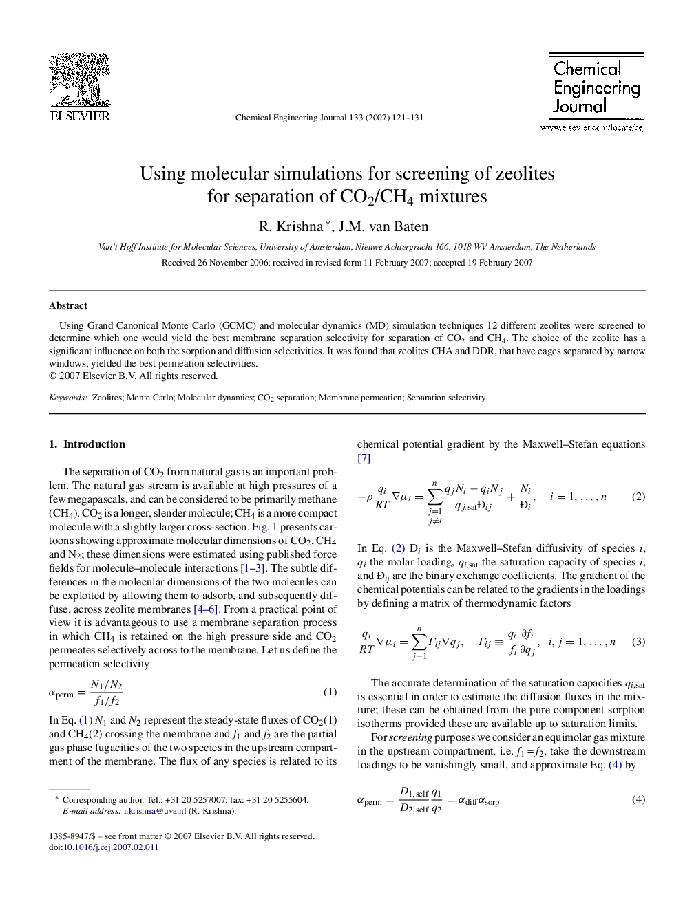 Using molecular simulations for screening of zeolites for separation of CO2/CH4 mixtures