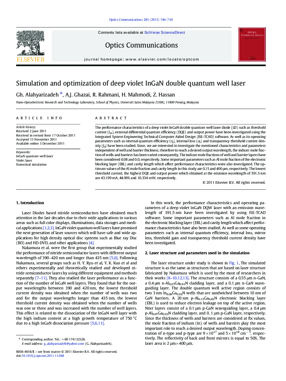 Simulation and optimization of deep violet InGaN double quantum well laser