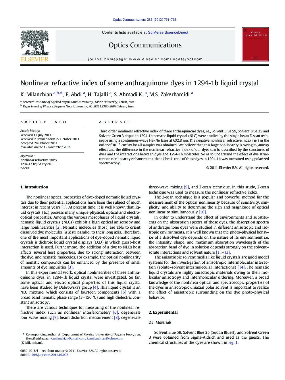 Nonlinear refractive index of some anthraquinone dyes in 1294-1b liquid crystal