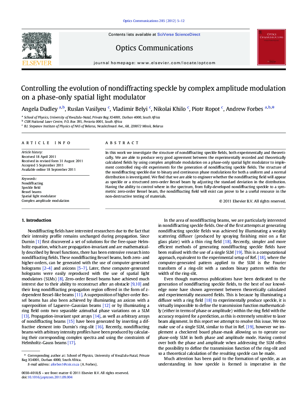 Controlling the evolution of nondiffracting speckle by complex amplitude modulation on a phase-only spatial light modulator