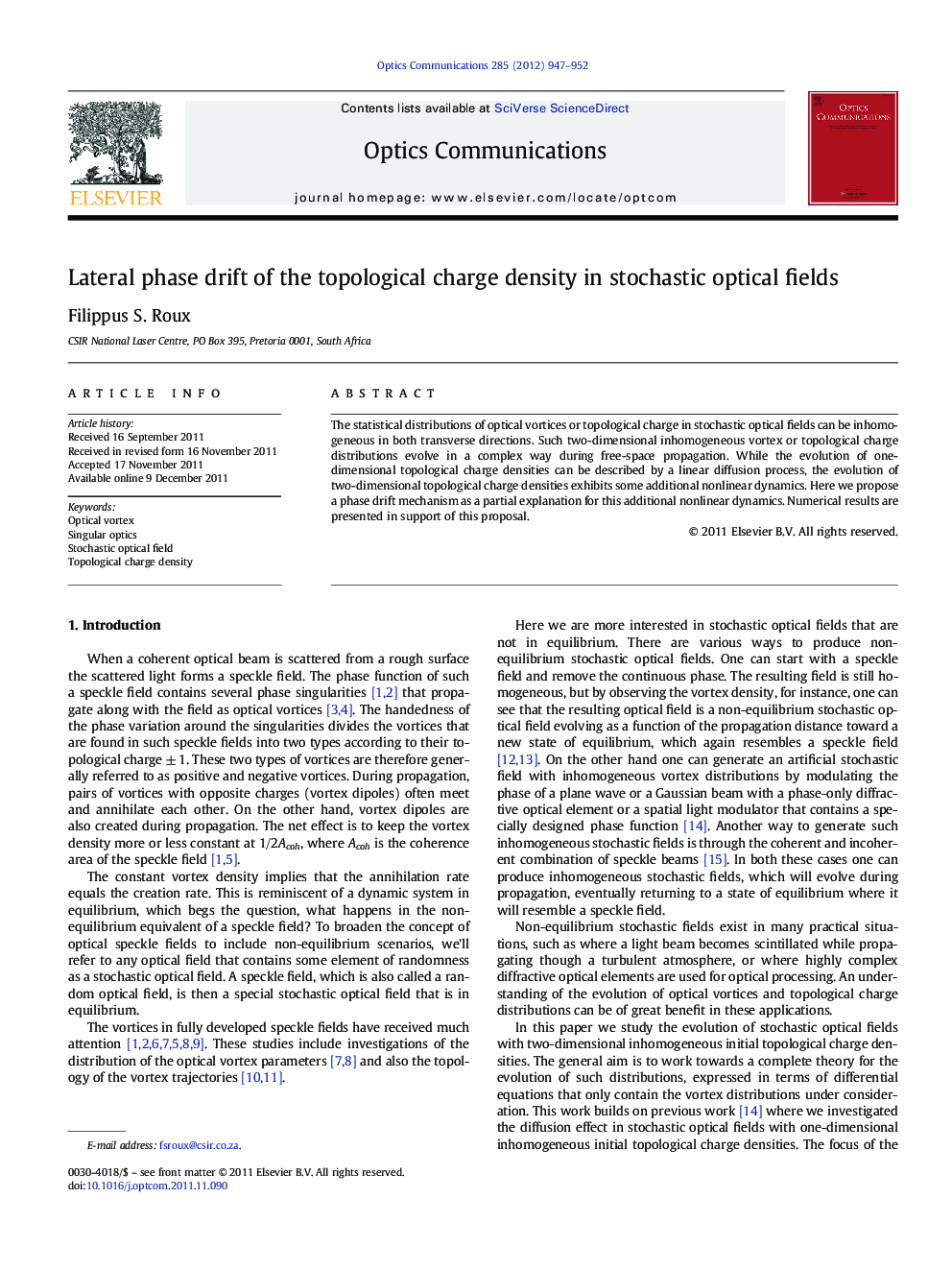 عکس صفحه اول مقاله: Lateral phase drift of the topological charge density in stochastic optical fields Lateral phase drift of the topological charge density in stochastic optical fields