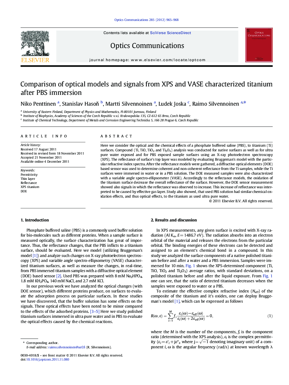 Comparison of optical models and signals from XPS and VASE characterized titanium after PBS immersion