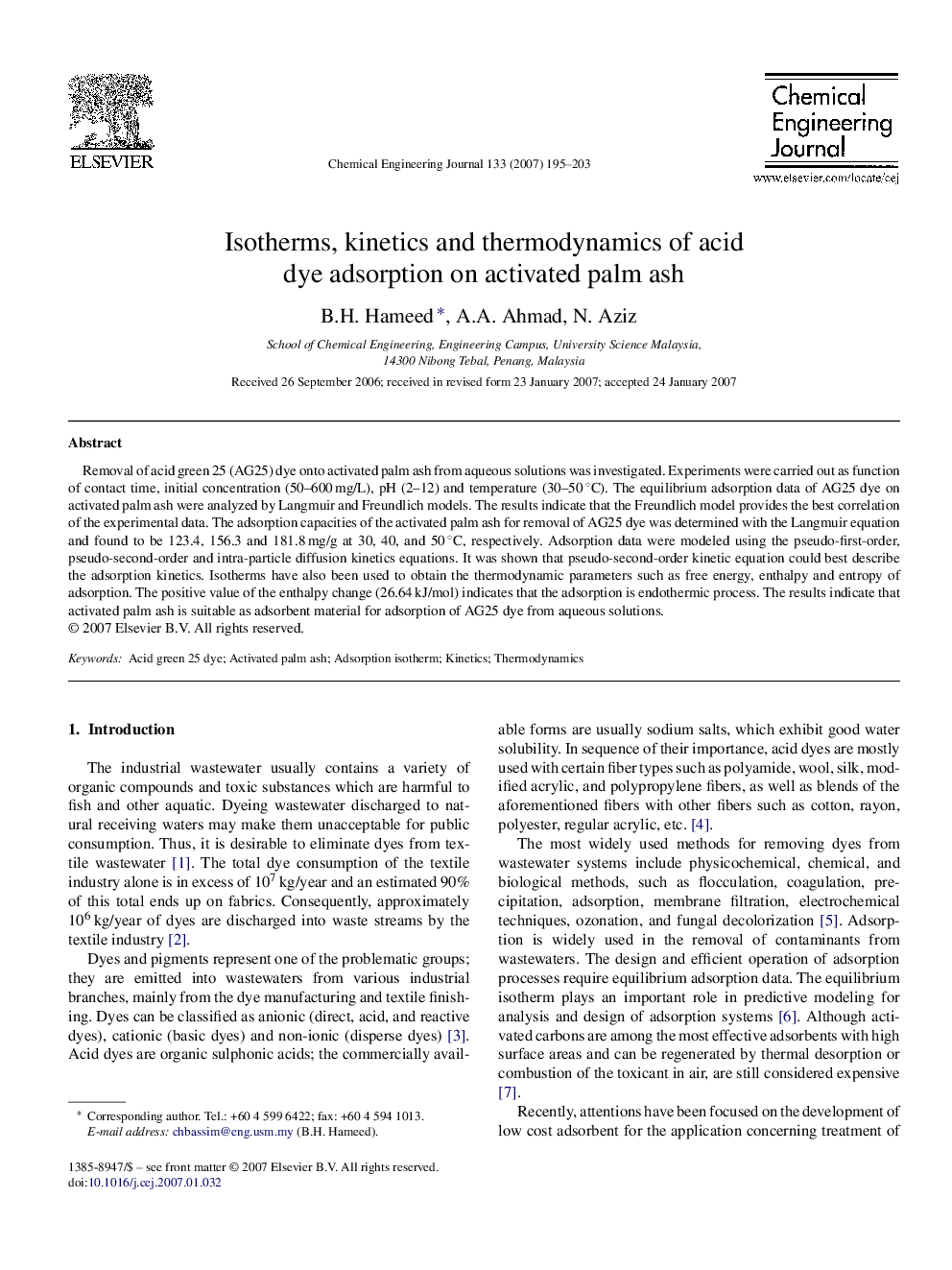 عکس صفحه اول مقاله: Isotherms, kinetics and thermodynamics of acid dye adsorption on activated palm ash Isotherms, kinetics and thermodynamics of acid dye adsorption on activated palm ash