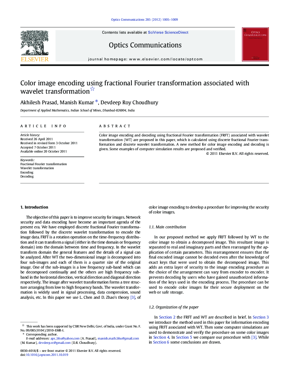 Color image encoding using fractional Fourier transformation associated with wavelet transformation 