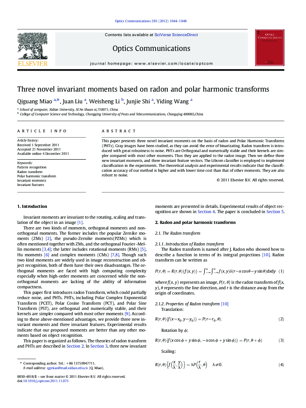 Three novel invariant moments based on radon and polar harmonic transforms