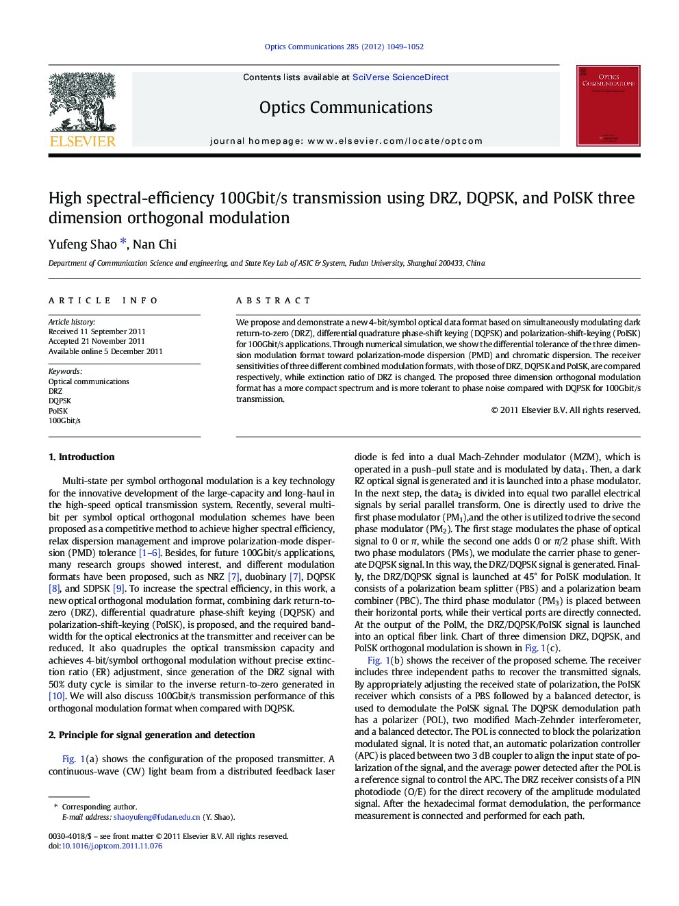 High spectral-efficiency 100Gbit/s transmission using DRZ, DQPSK, and PoISK three dimension orthogonal modulation