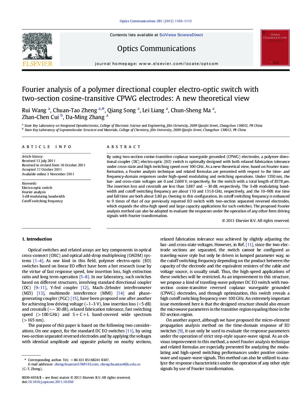 Fourier analysis of a polymer directional coupler electro-optic switch with two-section cosine-transitive CPWG electrodes: A new theoretical view