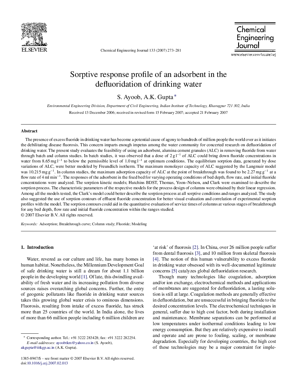 Sorptive response profile of an adsorbent in the defluoridation of drinking water