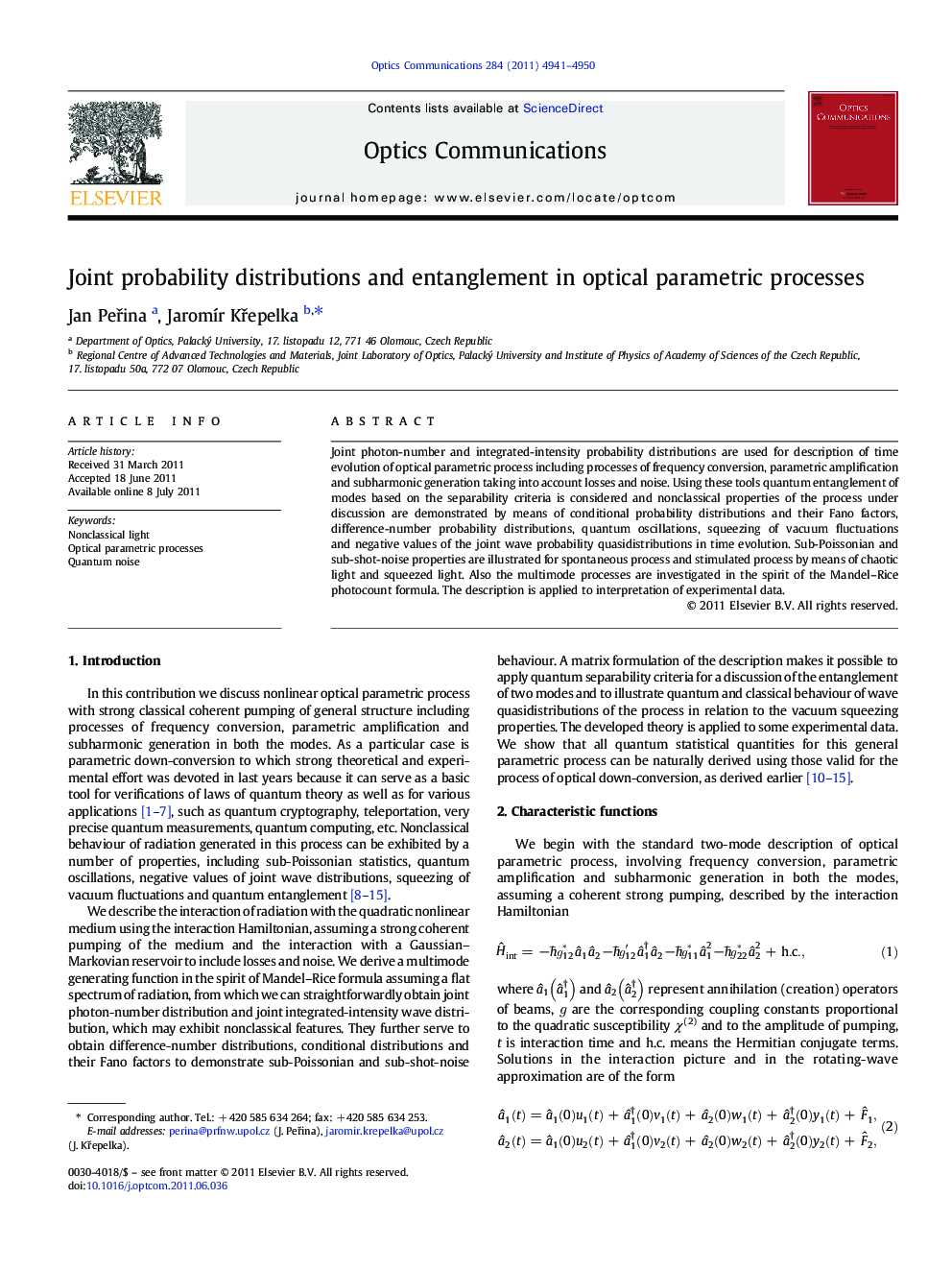 Joint probability distributions and entanglement in optical parametric processes