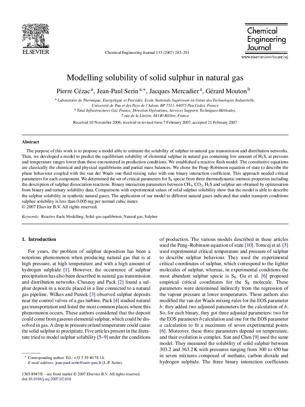 Modelling solubility of solid sulphur in natural gas