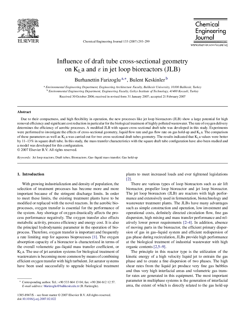 Influence of draft tube cross-sectional geometry on KLa and ɛ in jet loop bioreactors (JLB)