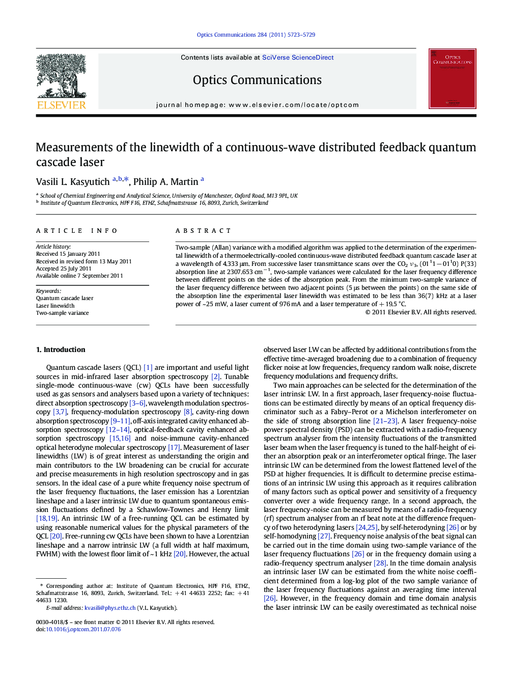 Measurements of the linewidth of a continuous-wave distributed feedback quantum cascade laser