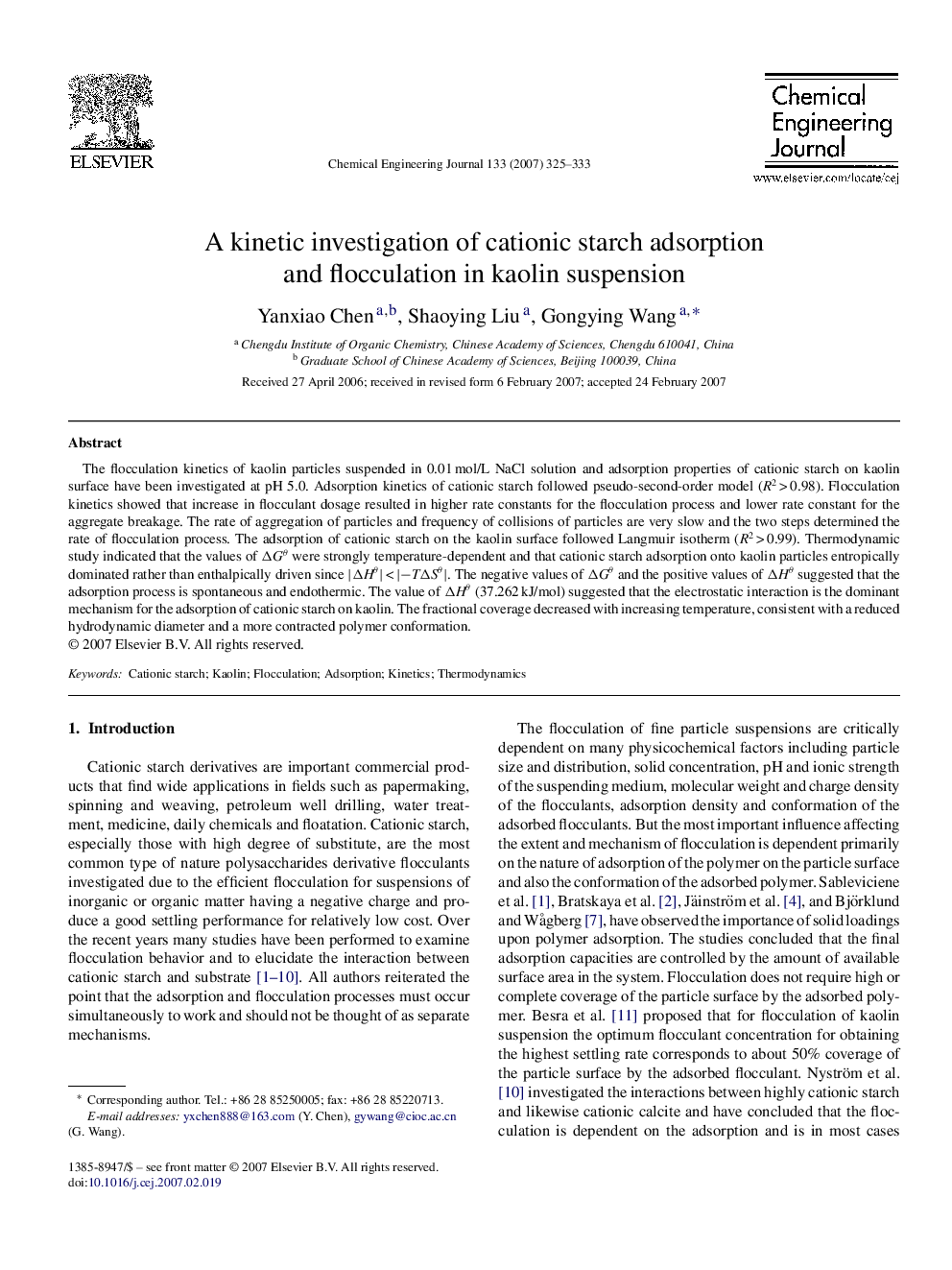 A kinetic investigation of cationic starch adsorption and flocculation in kaolin suspension