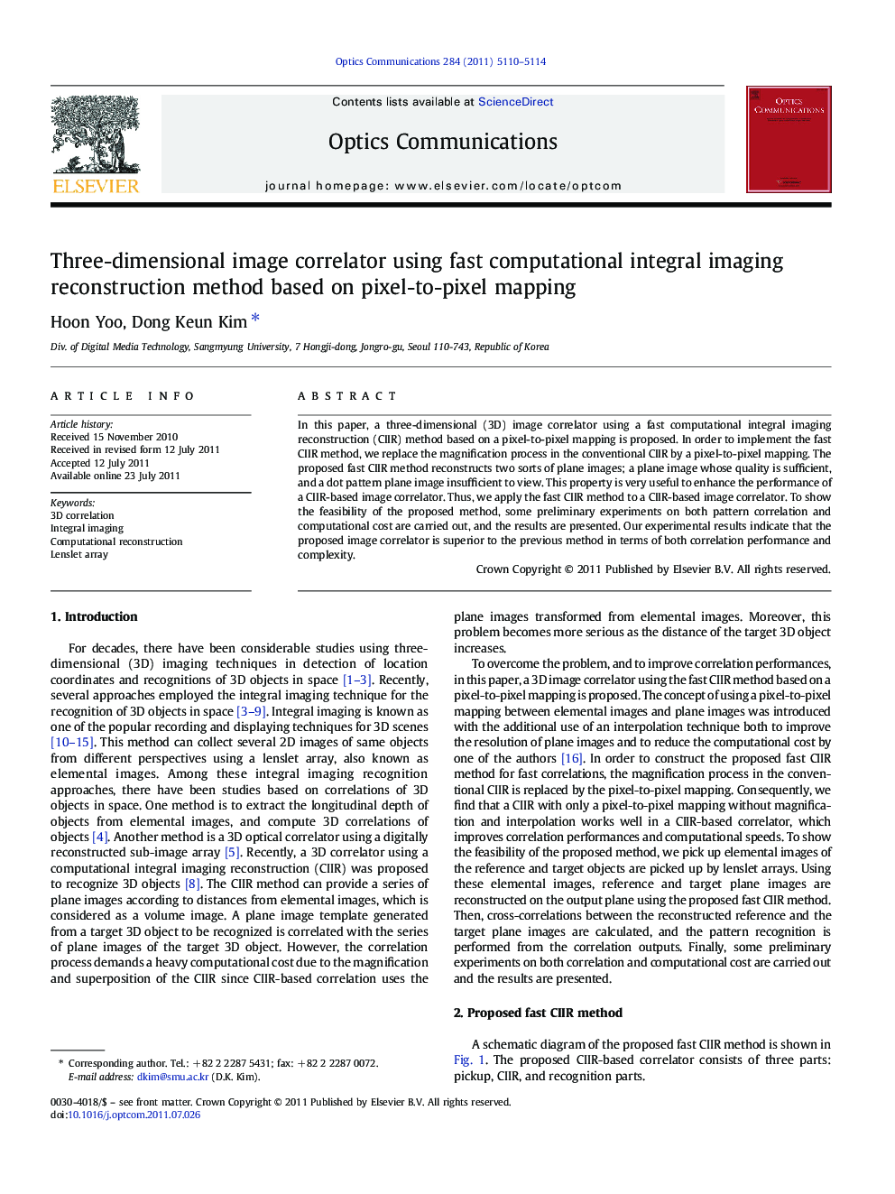 Three-dimensional image correlator using fast computational integral imaging reconstruction method based on pixel-to-pixel mapping