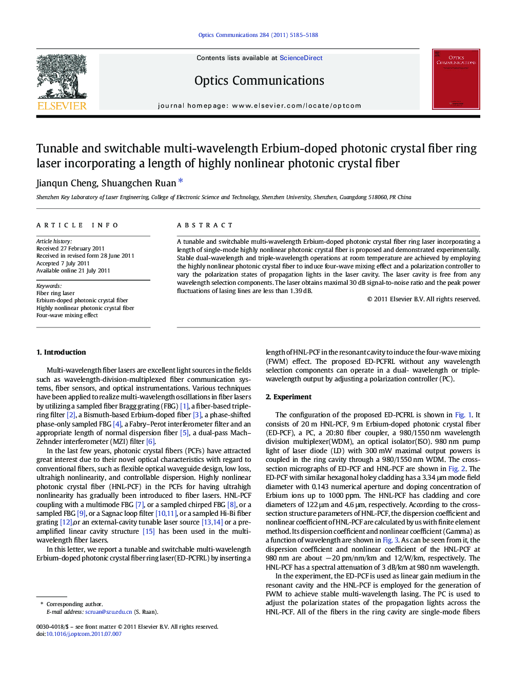 Tunable and switchable multi-wavelength Erbium-doped photonic crystal fiber ring laser incorporating a length of highly nonlinear photonic crystal fiber