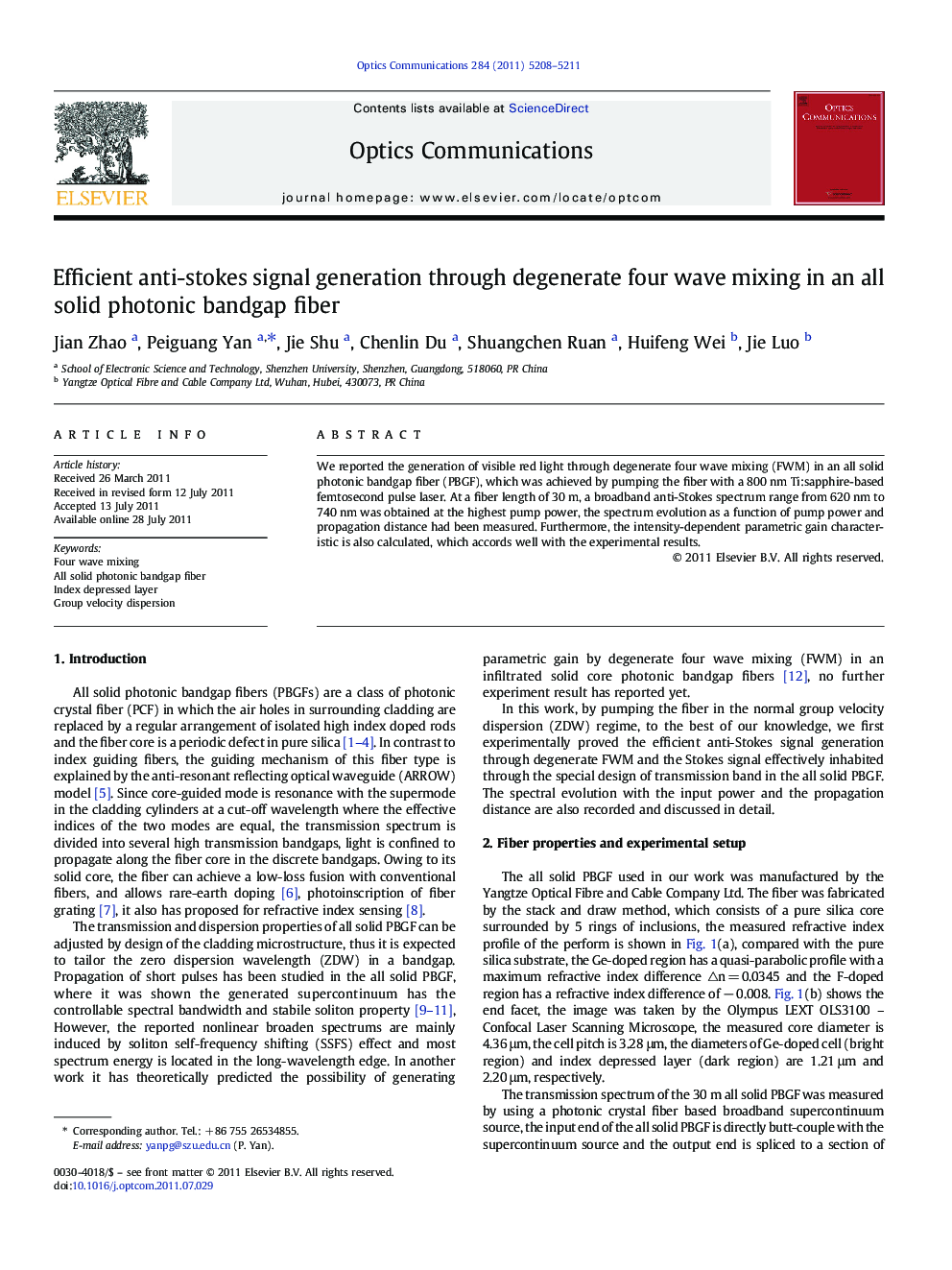 Efficient anti-stokes signal generation through degenerate four wave mixing in an all solid photonic bandgap fiber