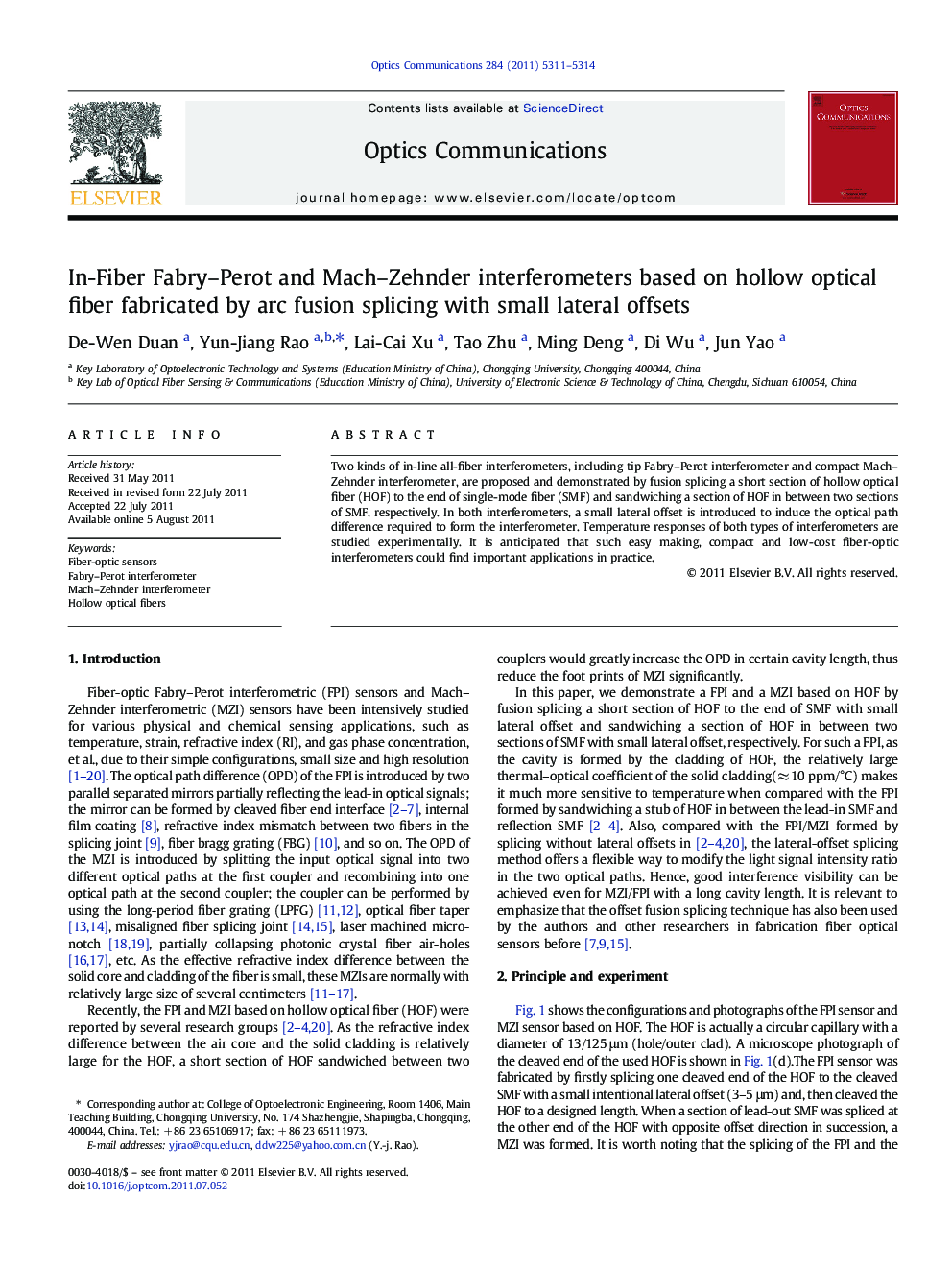 In-Fiber Fabry–Perot and Mach–Zehnder interferometers based on hollow optical fiber fabricated by arc fusion splicing with small lateral offsets