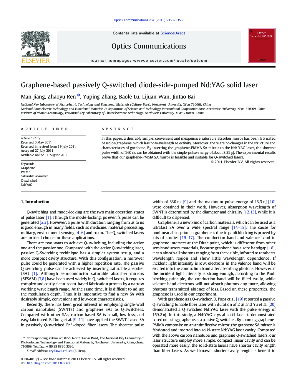 Graphene-based passively Q-switched diode-side-pumped Nd:YAG solid laser