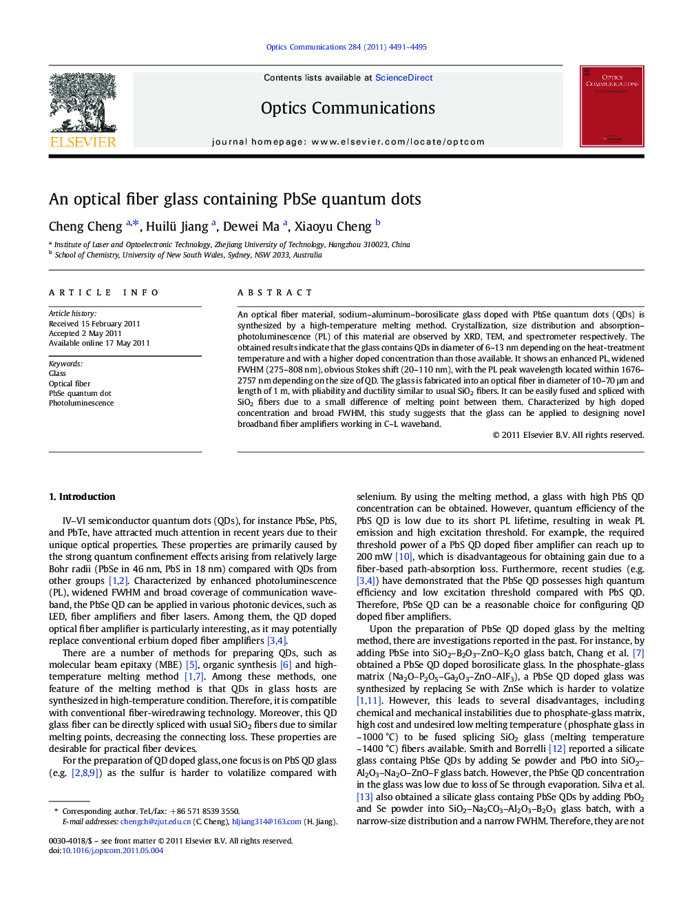 An optical fiber glass containing PbSe quantum dots