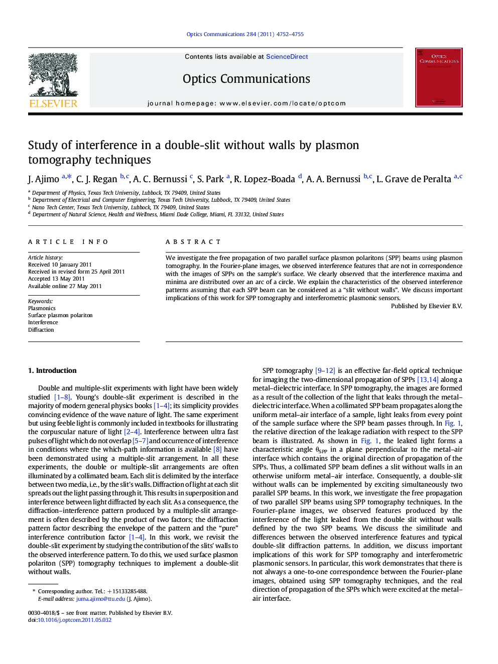 Study of interference in a double-slit without walls by plasmon tomography techniques