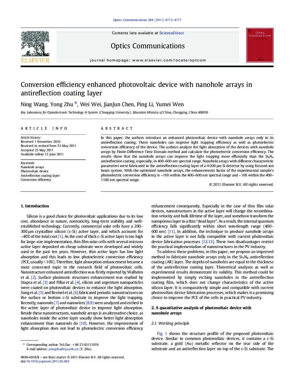 Conversion efficiency enhanced photovoltaic device with nanohole arrays in antireflection coating layer