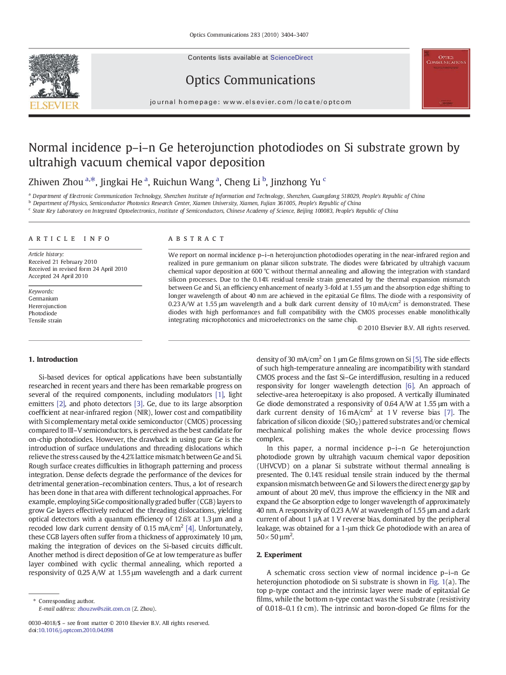 Normal incidence p–i–n Ge heterojunction photodiodes on Si substrate grown by ultrahigh vacuum chemical vapor deposition