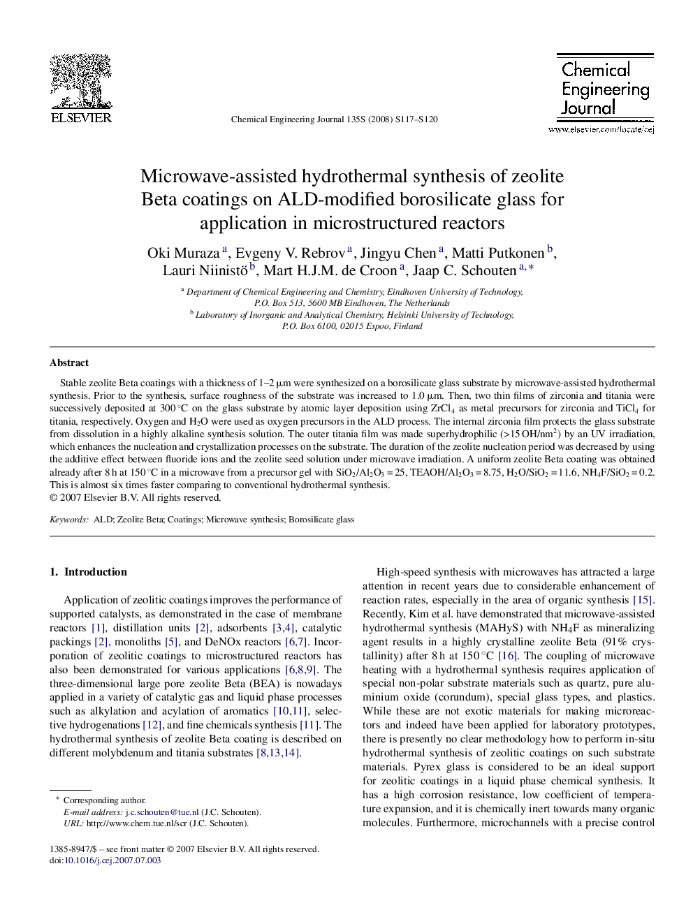 Microwave-assisted hydrothermal synthesis of zeolite Beta coatings on ALD-modified borosilicate glass for application in microstructured reactors