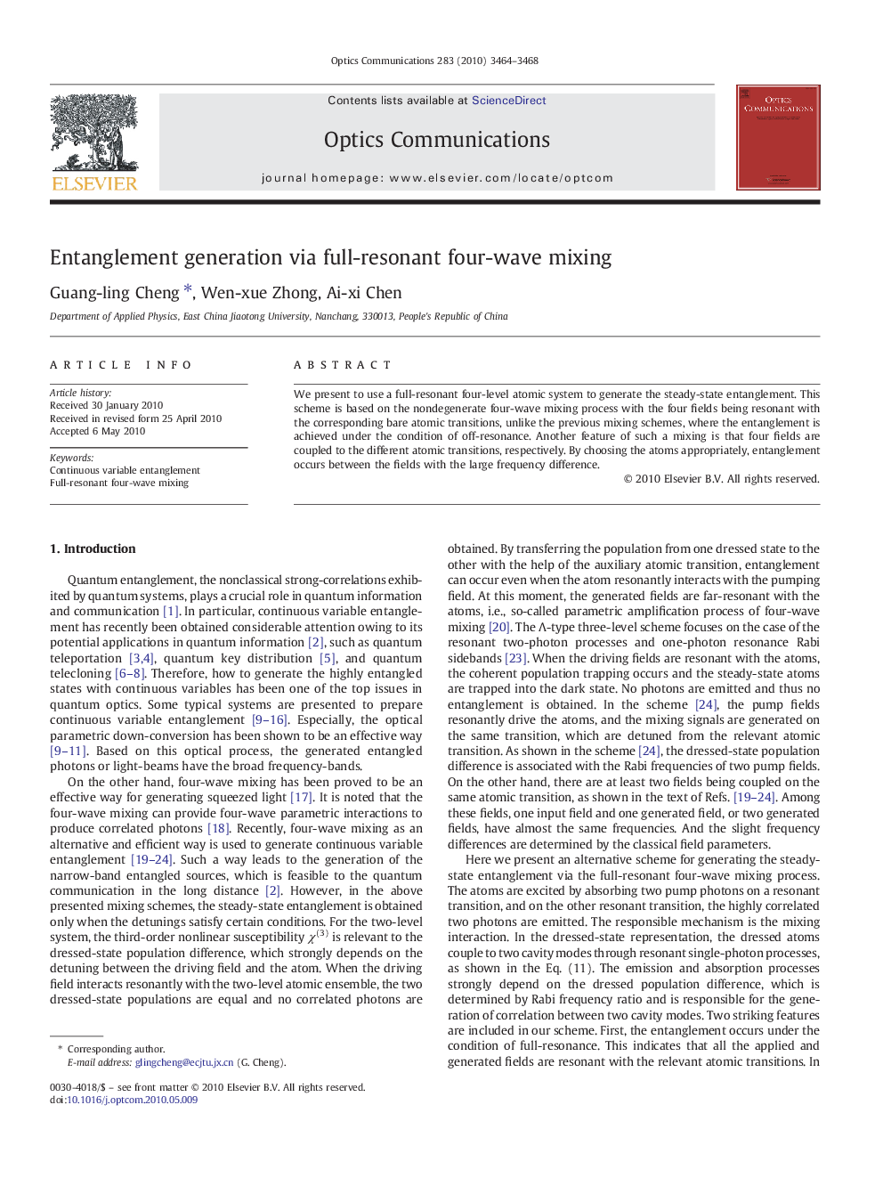 Entanglement generation via full-resonant four-wave mixing