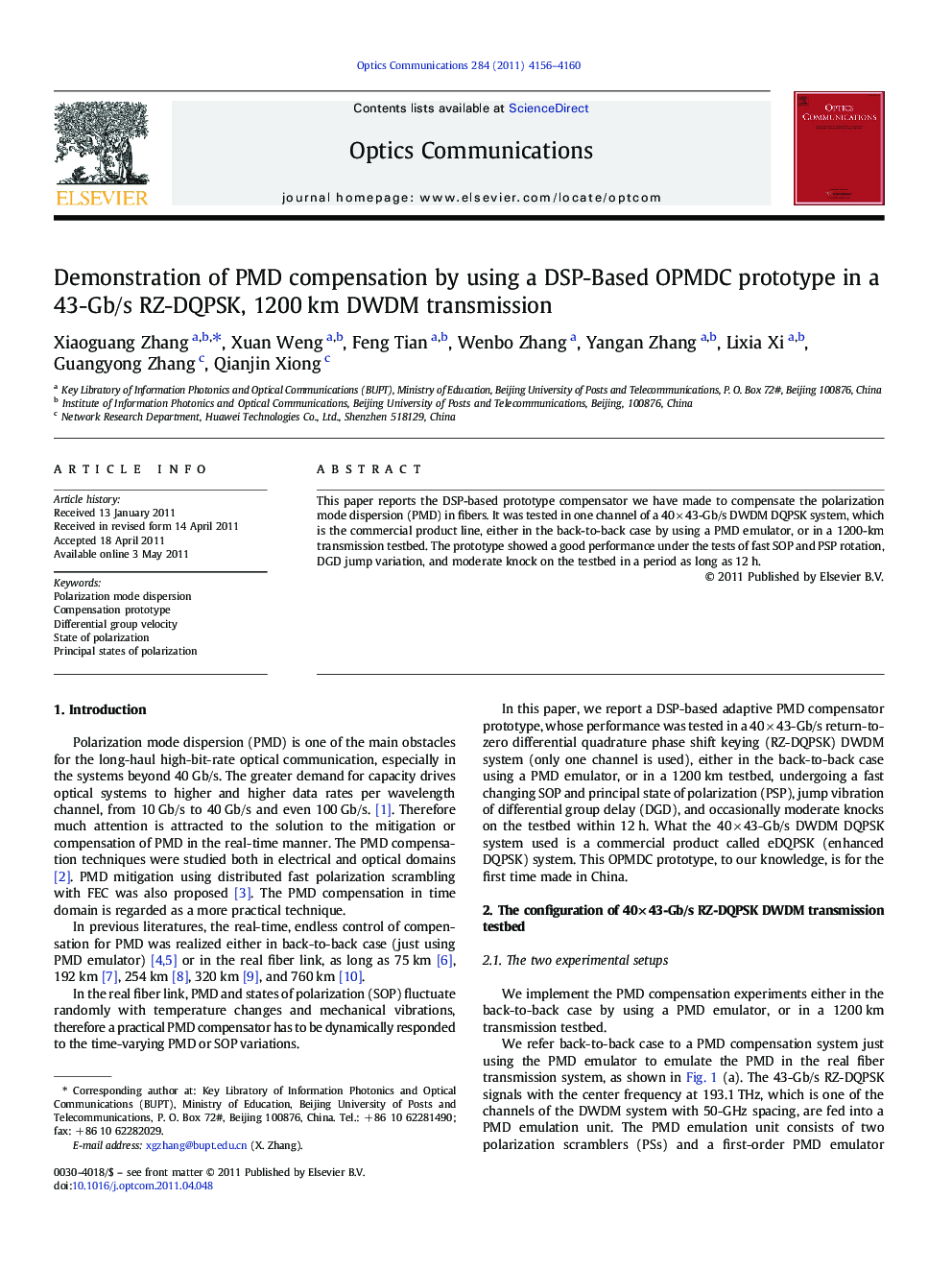 Demonstration of PMD compensation by using a DSP-Based OPMDC prototype in a 43-Gb/s RZ-DQPSK, 1200Â km DWDM transmission